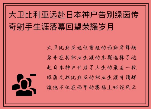 大卫比利亚远赴日本神户告别绿茵传奇射手生涯落幕回望荣耀岁月 大卫比利亚远赴日本神户告别绿茵传奇射手生涯落幕回望荣耀岁月